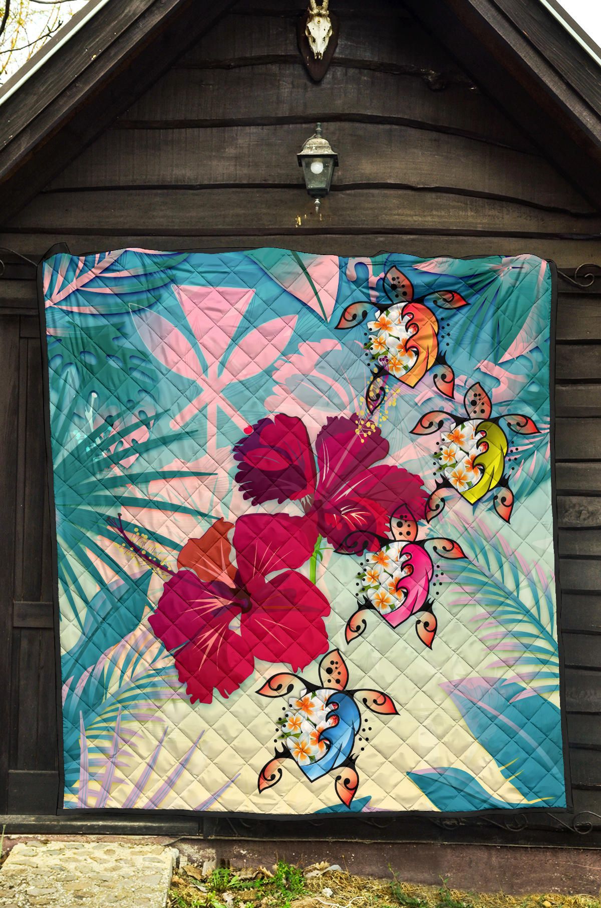 Polynesian Hawaii Premium Quilt - Plumeria Turtles with Hibiscus