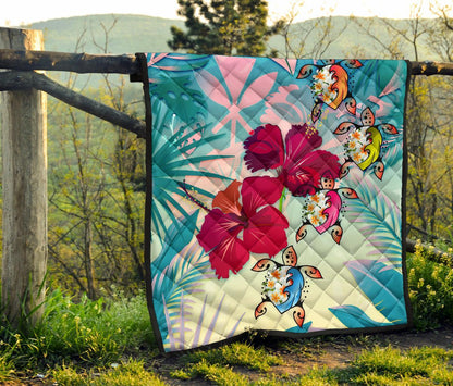 Polynesian Hawaii Premium Quilt - Plumeria Turtles with Hibiscus