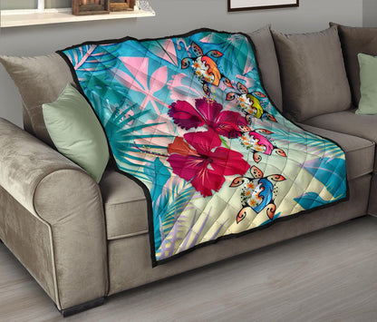 Polynesian Hawaii Premium Quilt - Plumeria Turtles with Hibiscus