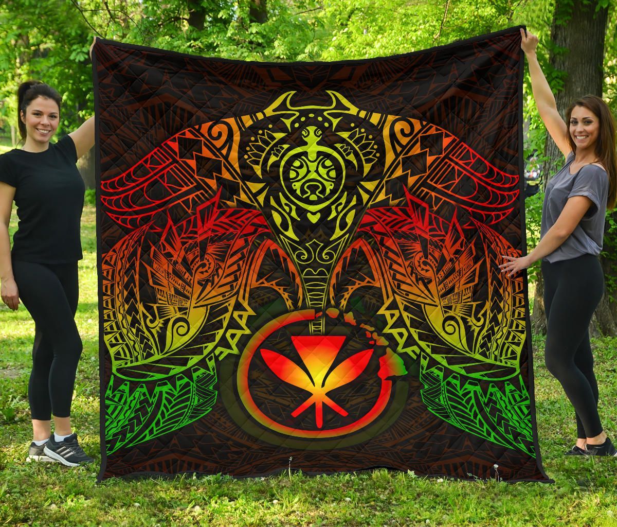 Hawaii Polynesian Premium Quilt - Reggae Kanaka Maoli Turtle Manta Ray