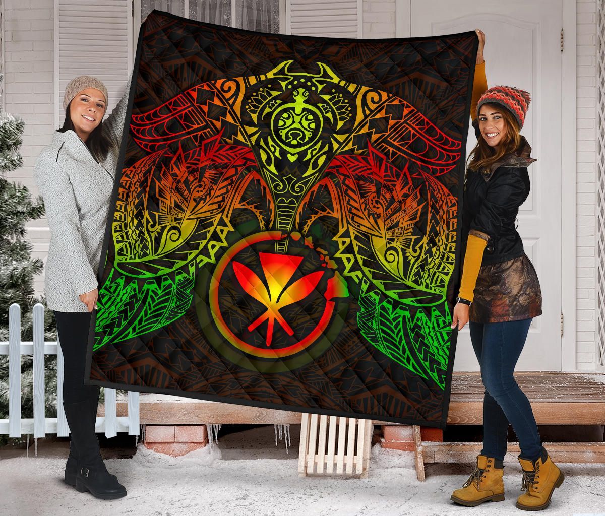 Hawaii Polynesian Premium Quilt - Reggae Kanaka Maoli Turtle Manta Ray