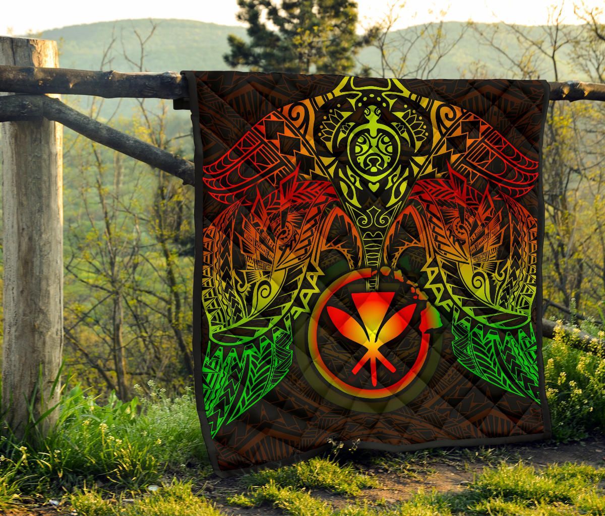 Hawaii Polynesian Premium Quilt - Reggae Kanaka Maoli Turtle Manta Ray