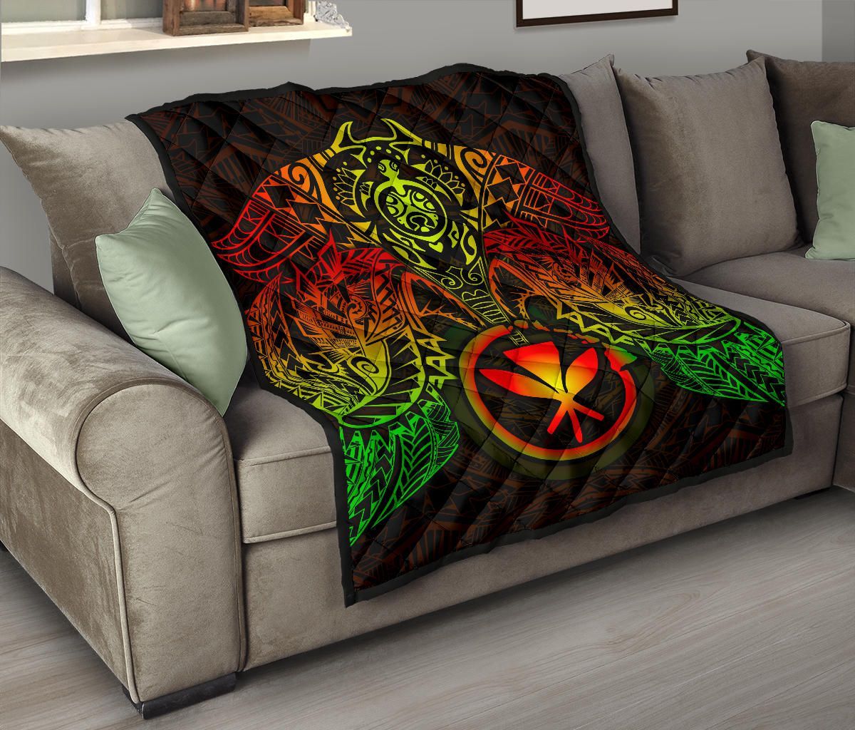 Hawaii Polynesian Premium Quilt - Reggae Kanaka Maoli Turtle Manta Ray