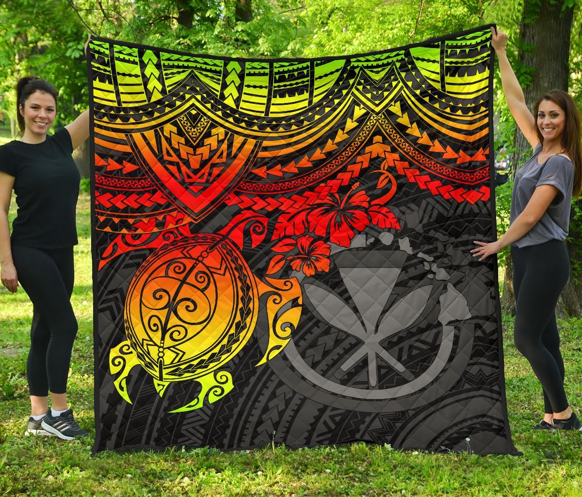 Hawaii Polynesian Premium Quilt - Kanaka Maoli & Reggae Turtle Hibiscus