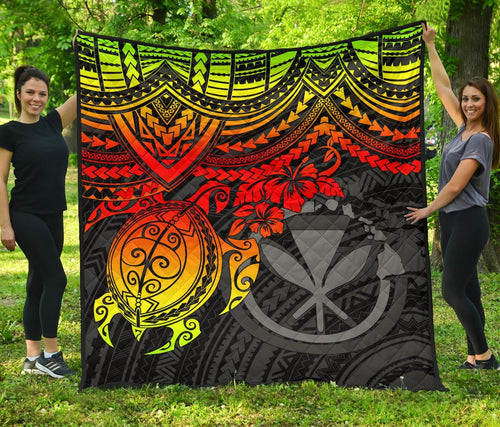 Hawaii Polynesian Premium Quilt - Kanaka Maoli & Reggae Turtle Hibiscus