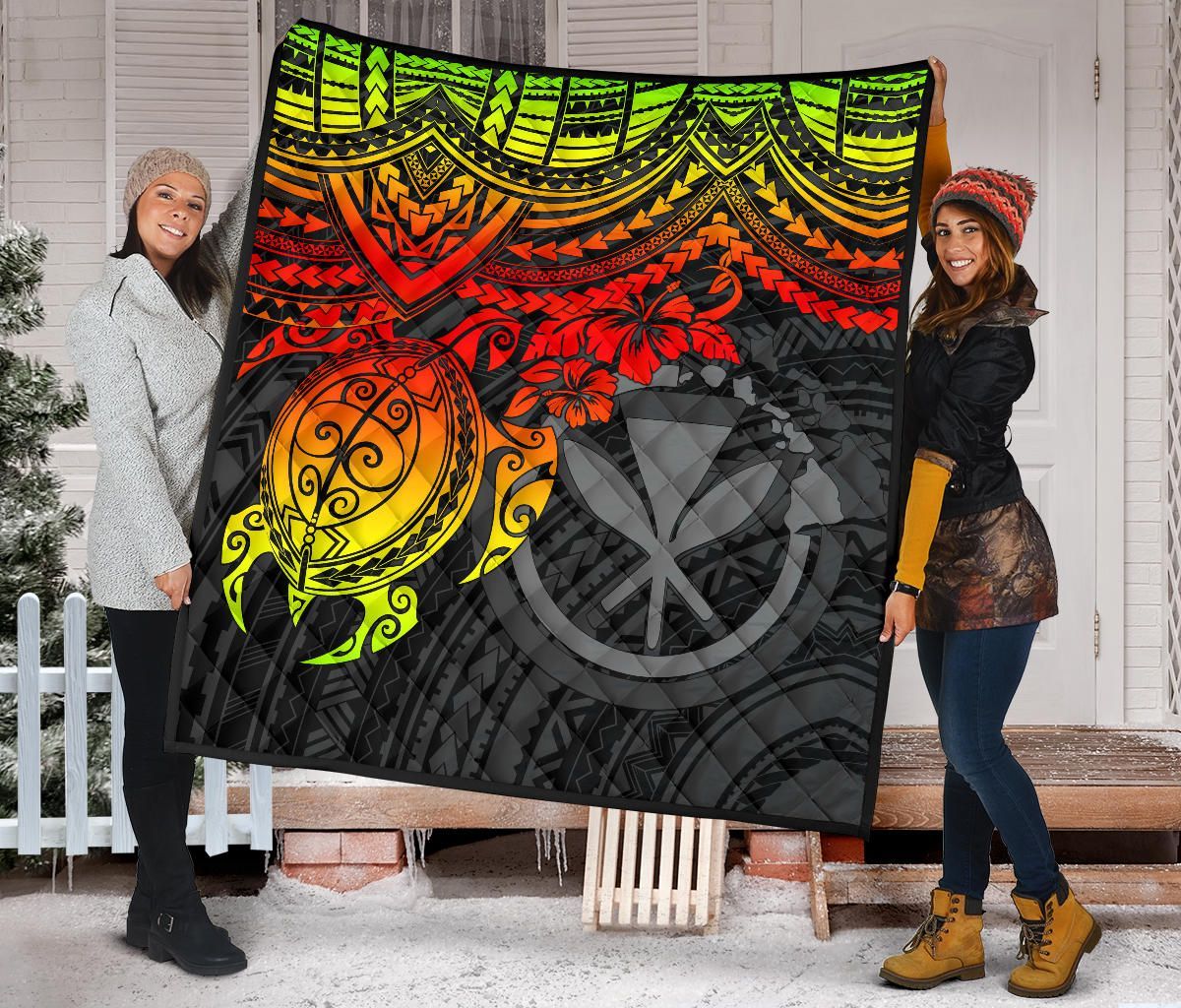 Hawaii Polynesian Premium Quilt - Kanaka Maoli & Reggae Turtle Hibiscus