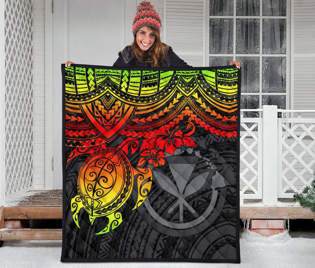 Hawaii Polynesian Premium Quilt - Kanaka Maoli & Reggae Turtle Hibiscus