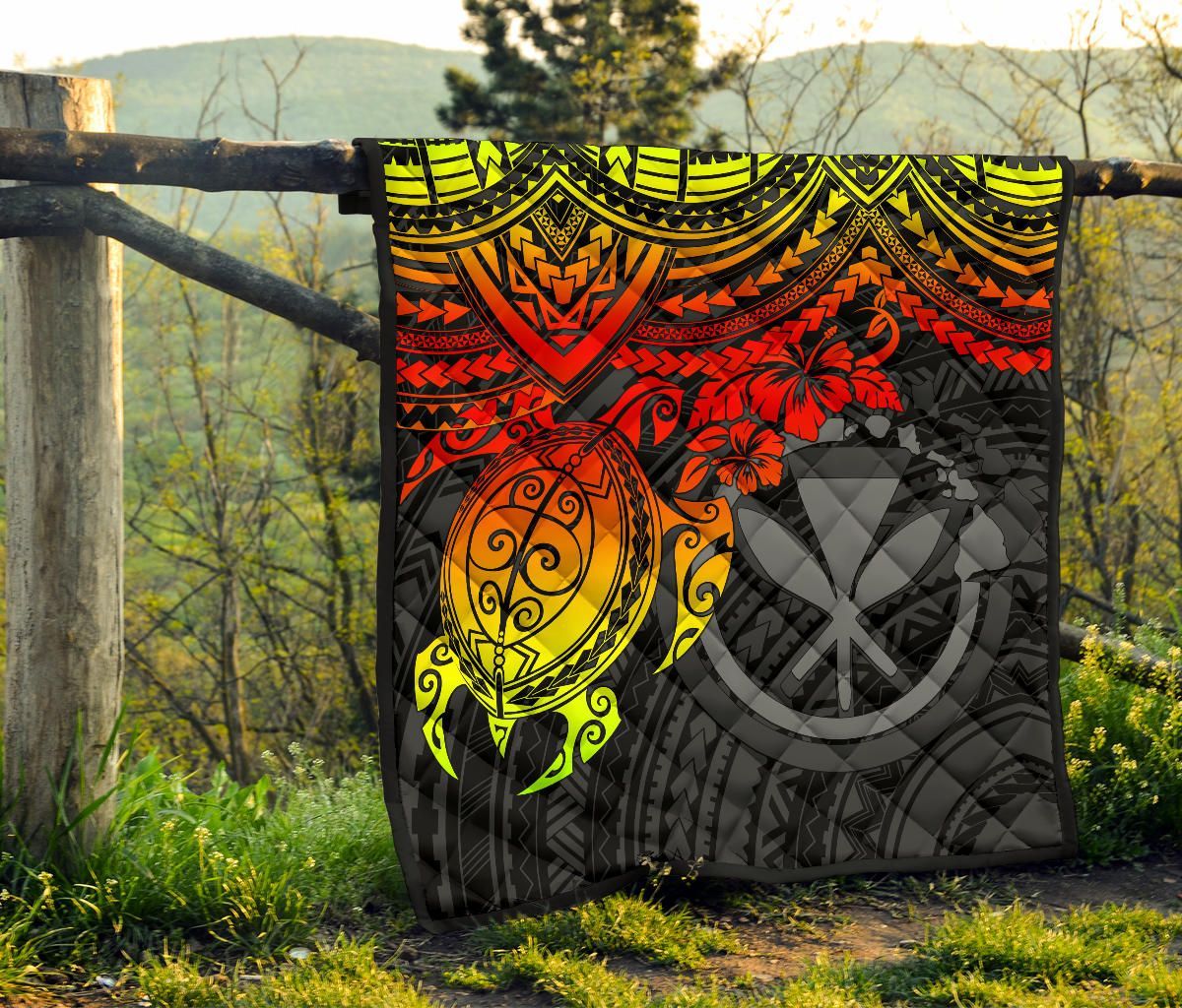 Hawaii Polynesian Premium Quilt - Kanaka Maoli & Reggae Turtle Hibiscus