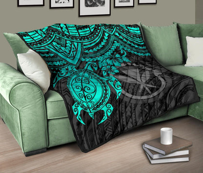 Hawaii Polynesian Premium Quilt - Kanaka Maoli & Turquoise Turtle Hibiscus