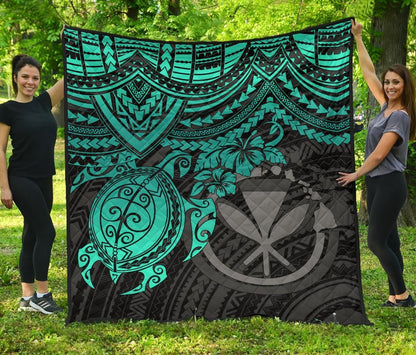 Hawaii Polynesian Premium Quilt - Kanaka Maoli & Turquoise Turtle Hibiscus