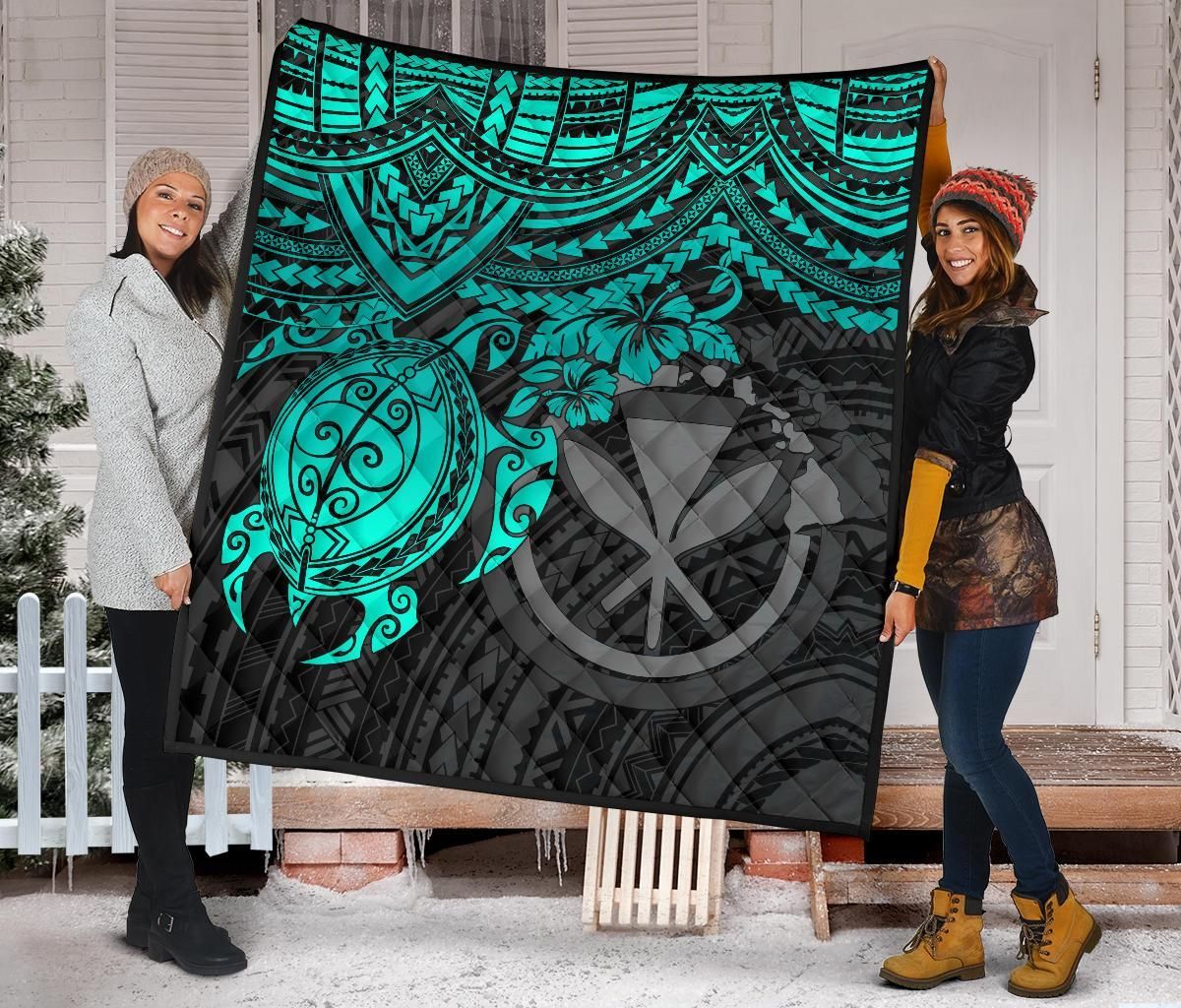 Hawaii Polynesian Premium Quilt - Kanaka Maoli & Turquoise Turtle Hibiscus