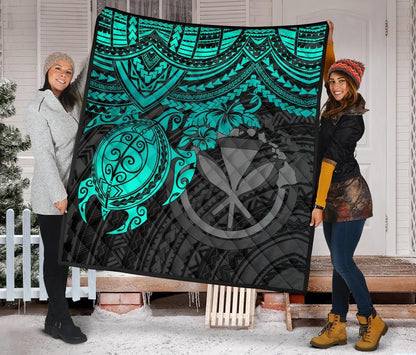Hawaii Polynesian Premium Quilt - Kanaka Maoli & Turquoise Turtle Hibiscus