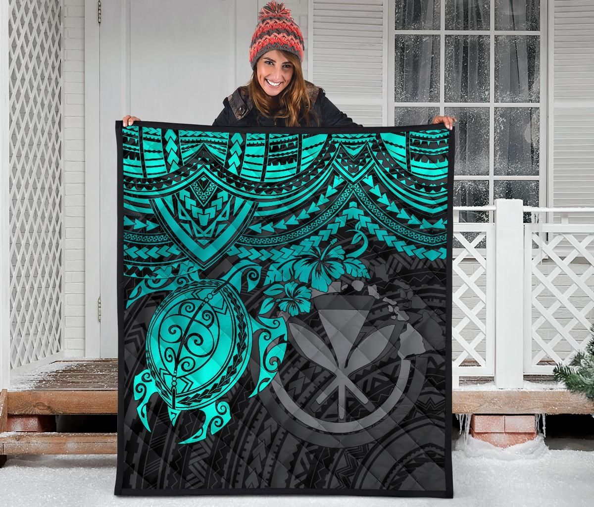 Hawaii Polynesian Premium Quilt - Kanaka Maoli & Turquoise Turtle Hibiscus