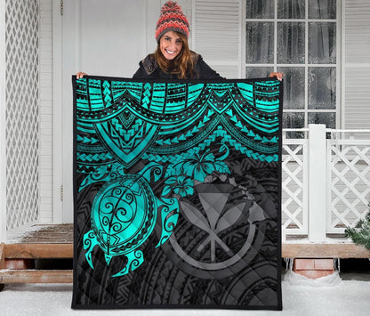 Hawaii Polynesian Premium Quilt - Kanaka Maoli & Turquoise Turtle Hibiscus