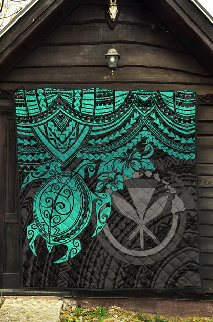 Hawaii Polynesian Premium Quilt - Kanaka Maoli & Turquoise Turtle Hibiscus