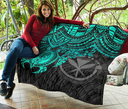 Hawaii Polynesian Premium Quilt - Kanaka Maoli & Turquoise Turtle Hibiscus