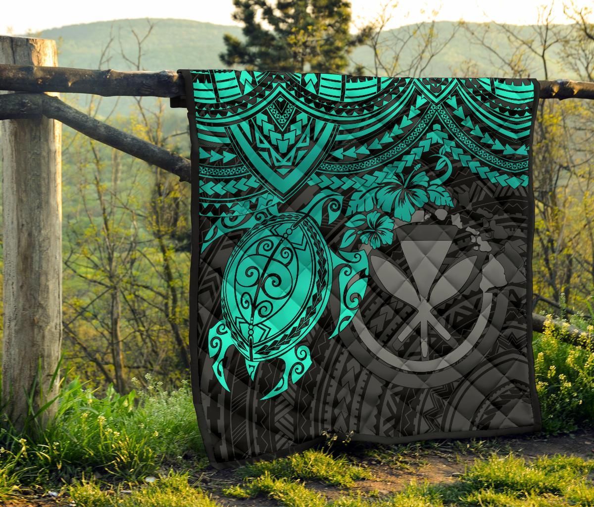 Hawaii Polynesian Premium Quilt - Kanaka Maoli & Turquoise Turtle Hibiscus