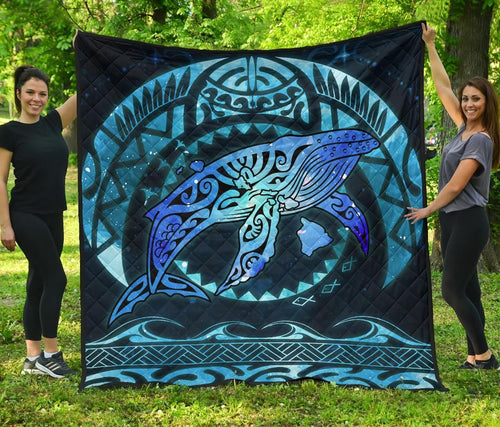 Polynesian Hawaii Premium Quilt - Whale Hawaii Map Blue Galaxy
