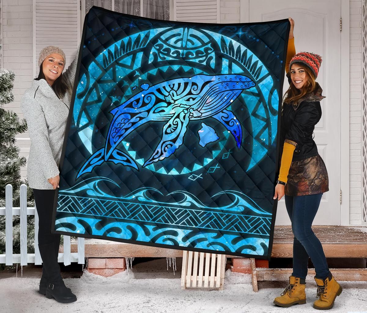 Polynesian Hawaii Premium Quilt - Whale Hawaii Map Blue Galaxy
