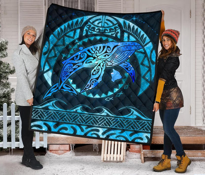 Polynesian Hawaii Premium Quilt - Whale Hawaii Map Blue Galaxy