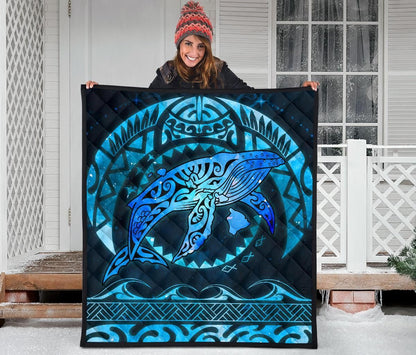 Polynesian Hawaii Premium Quilt - Whale Hawaii Map Blue Galaxy