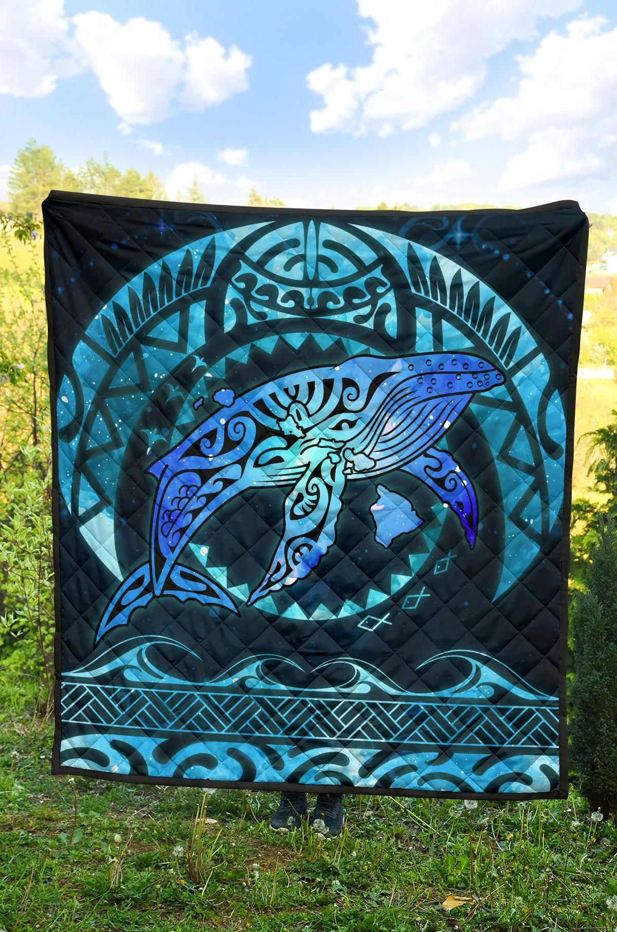 Polynesian Hawaii Premium Quilt - Whale Hawaii Map Blue Galaxy