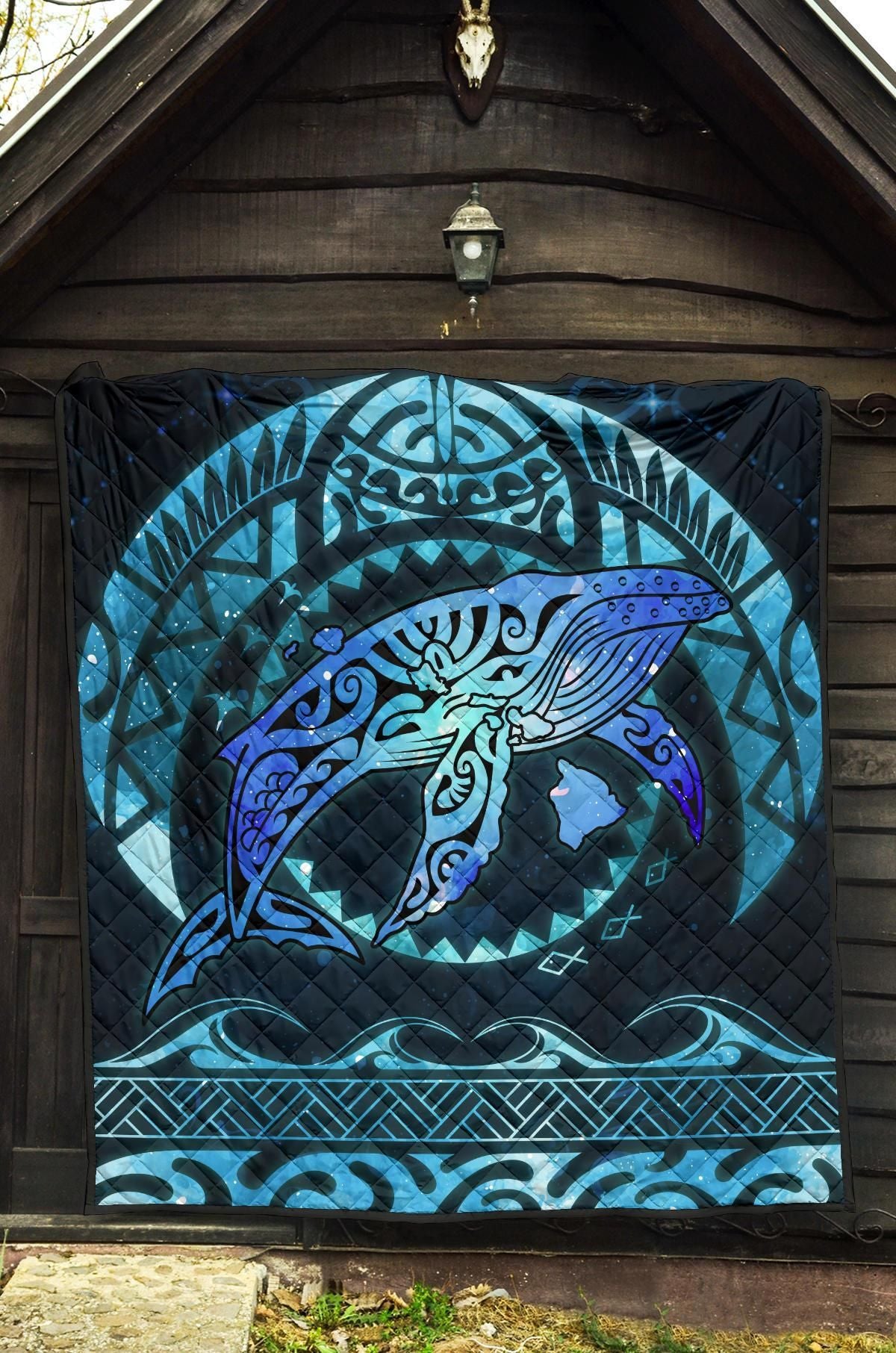 Polynesian Hawaii Premium Quilt - Whale Hawaii Map Blue Galaxy