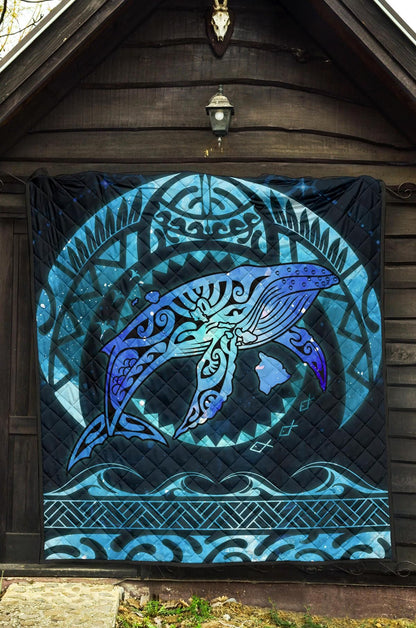 Polynesian Hawaii Premium Quilt - Whale Hawaii Map Blue Galaxy