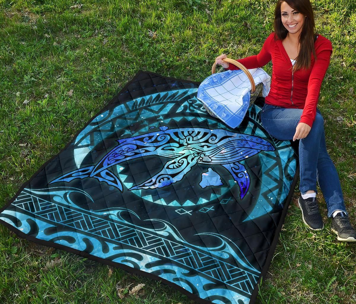 Polynesian Hawaii Premium Quilt - Whale Hawaii Map Blue Galaxy