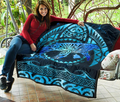 Polynesian Hawaii Premium Quilt - Whale Hawaii Map Blue Galaxy