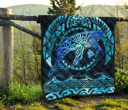Polynesian Hawaii Premium Quilt - Whale Hawaii Map Blue Galaxy