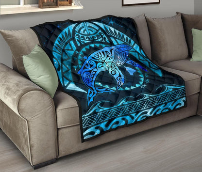 Polynesian Hawaii Premium Quilt - Whale Hawaii Map Blue Galaxy