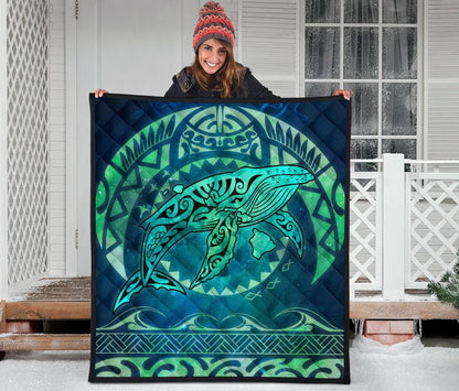 Polynesian Hawaii Premium Quilt - Whale Hawaii Map Green Galaxy