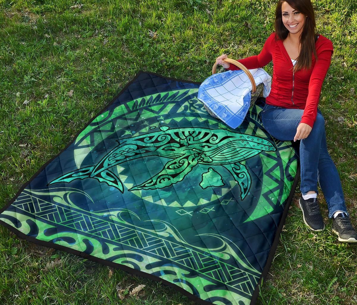 Polynesian Hawaii Premium Quilt - Whale Hawaii Map Green Galaxy