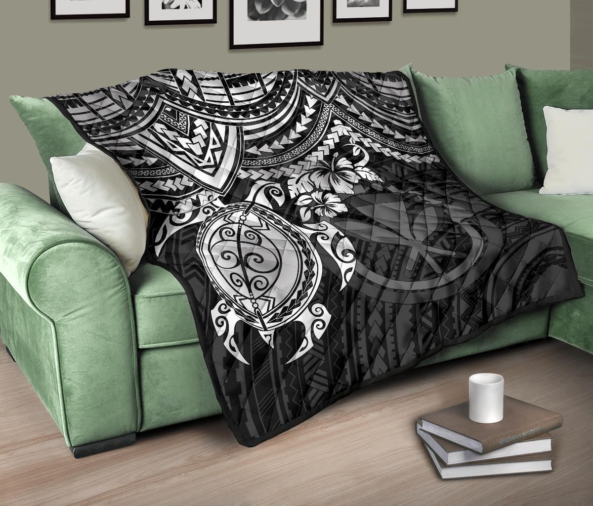 Hawaii Polynesian Premium Quilt - Kanaka Maoli & White Turtle Hibiscus