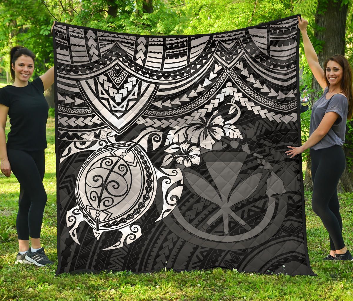 Hawaii Polynesian Premium Quilt - Kanaka Maoli & White Turtle Hibiscus
