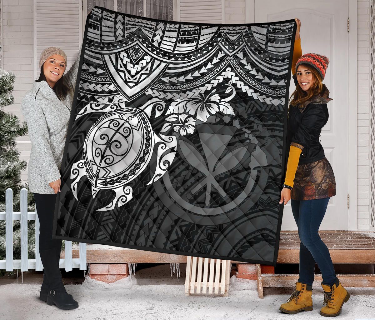 Hawaii Polynesian Premium Quilt - Kanaka Maoli & White Turtle Hibiscus