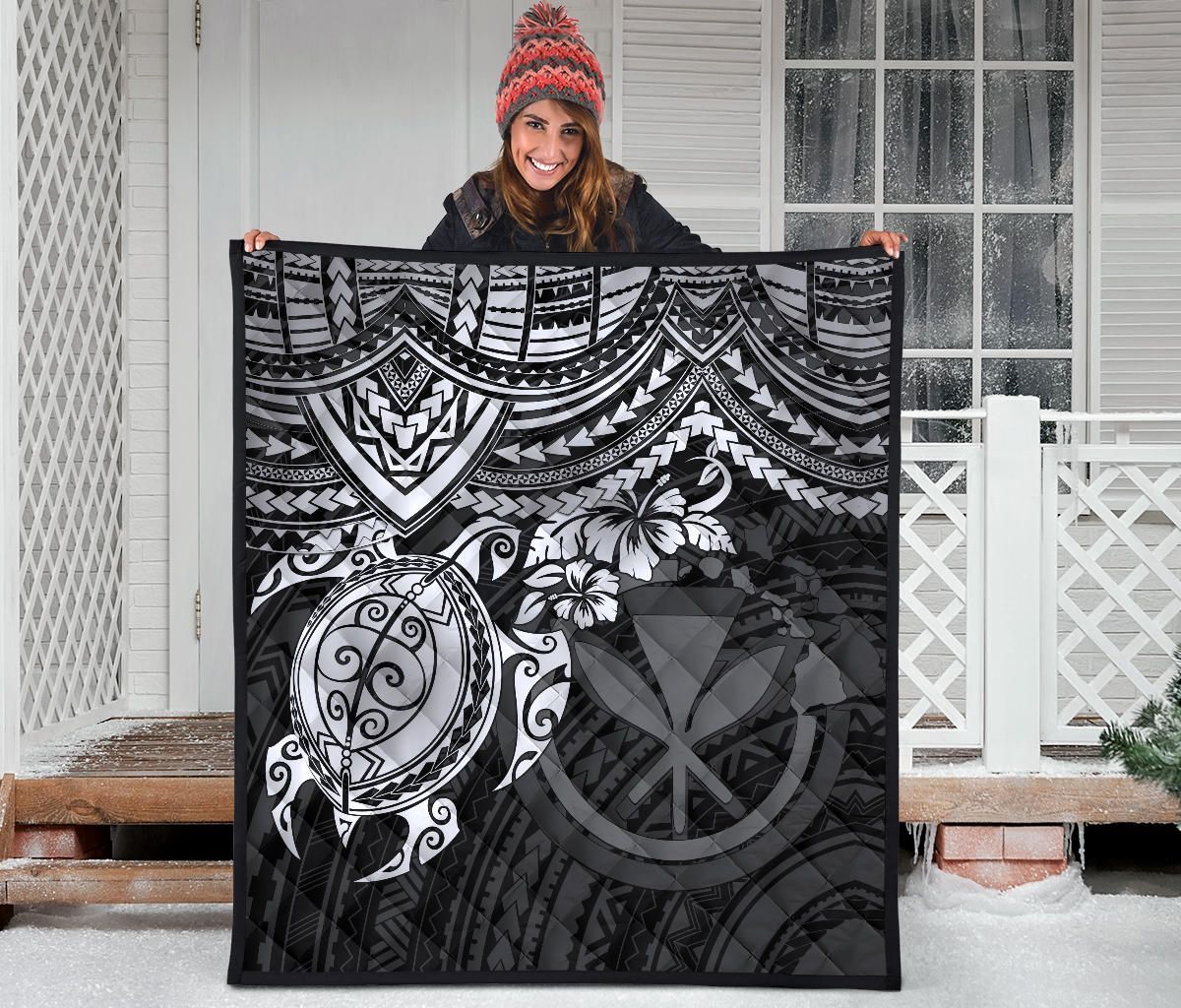 Hawaii Polynesian Premium Quilt - Kanaka Maoli & White Turtle Hibiscus