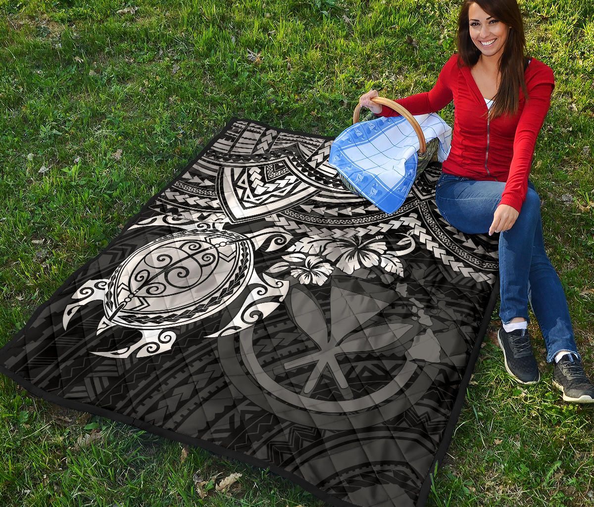 Hawaii Polynesian Premium Quilt - Kanaka Maoli & White Turtle Hibiscus