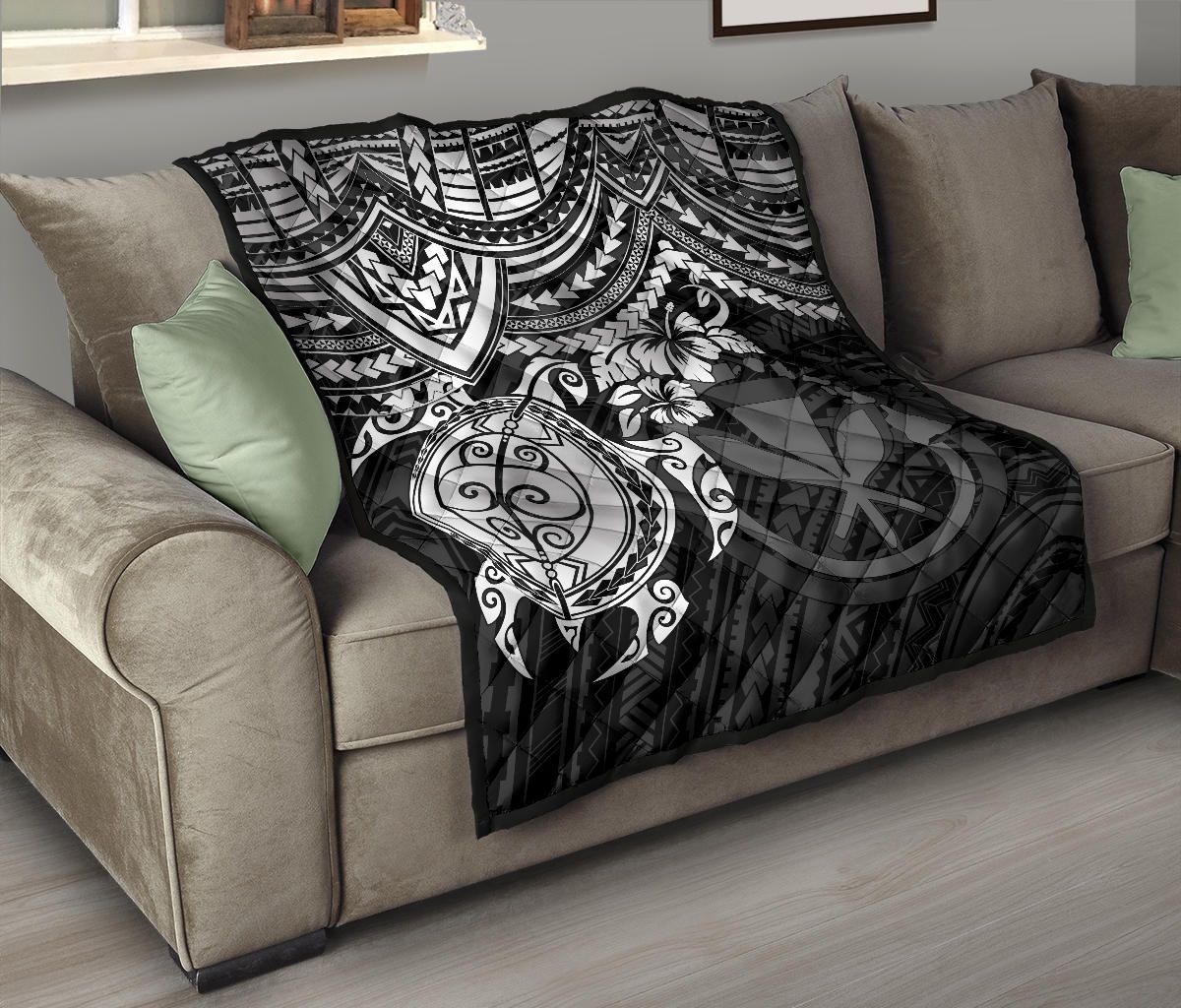 Hawaii Polynesian Premium Quilt - Kanaka Maoli & White Turtle Hibiscus