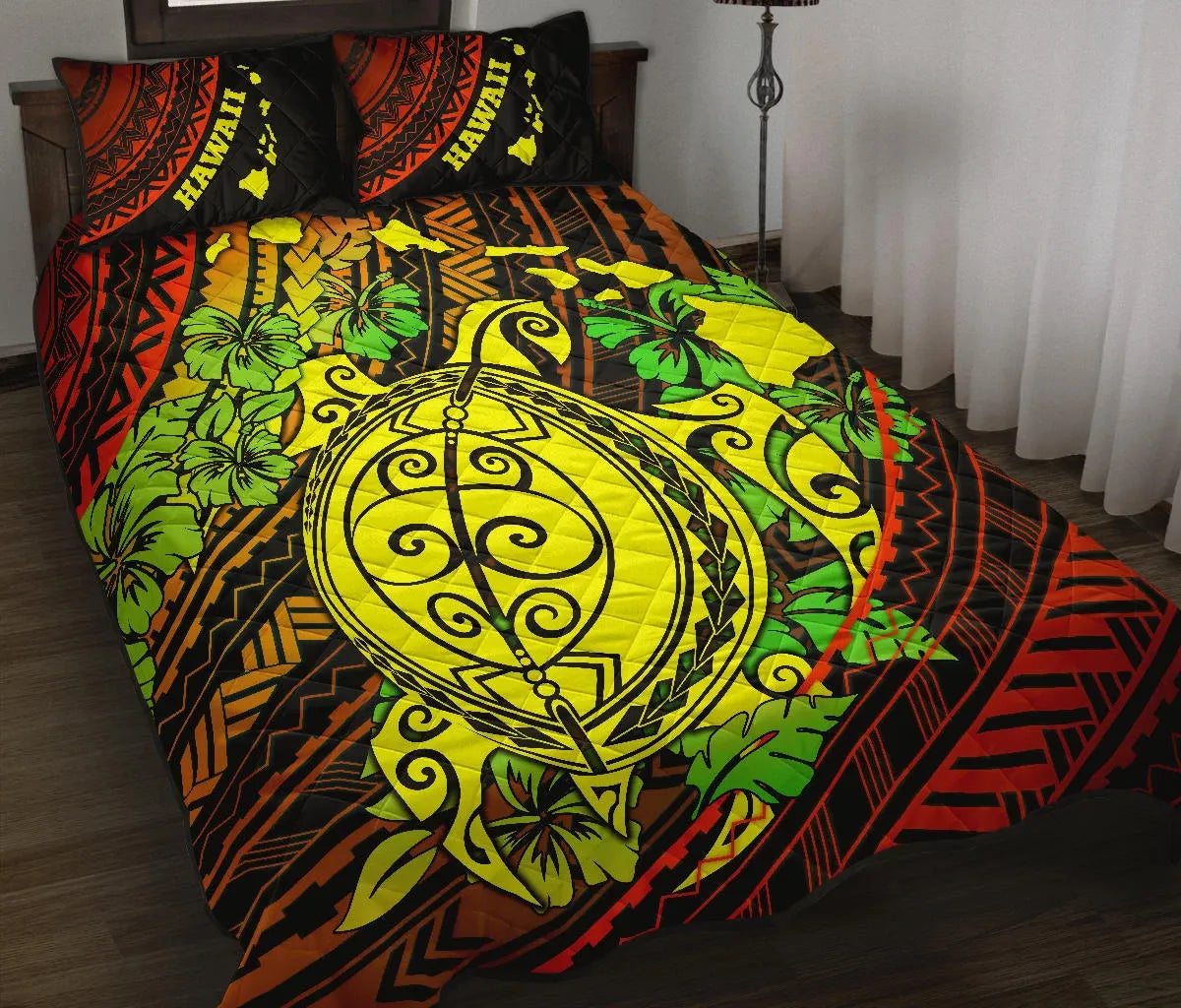 Hawaii Polynesian Quilt Bed Set - Hawaii Yellow Sea Turtle Map & Green Hibiscus