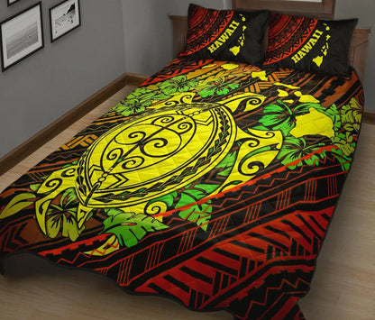 Hawaii Polynesian Quilt Bed Set - Hawaii Yellow Sea Turtle Map & Green Hibiscus