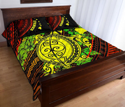 Hawaii Polynesian Quilt Bed Set - Hawaii Yellow Sea Turtle Map & Green Hibiscus