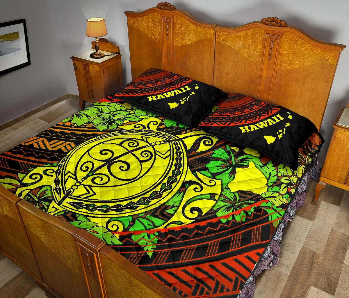Hawaii Polynesian Quilt Bed Set - Hawaii Yellow Sea Turtle Map & Green Hibiscus