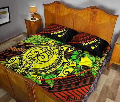 Hawaii Polynesian Quilt Bed Set - Hawaii Yellow Sea Turtle Map & Green Hibiscus