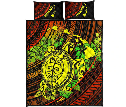 Hawaii Polynesian Quilt Bed Set - Hawaii Yellow Sea Turtle Map & Green Hibiscus