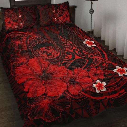 Polynesian Hawaii Quilt Bed Set - Humpback Whale with Hibiscus (Red)