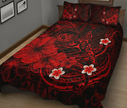 Polynesian Hawaii Quilt Bed Set - Humpback Whale with Hibiscus (Red)