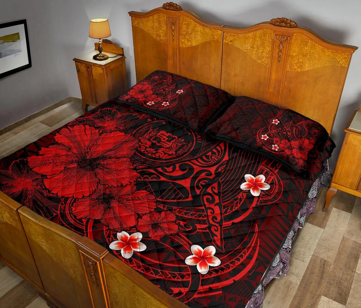 Polynesian Hawaii Quilt Bed Set - Humpback Whale with Hibiscus (Red)