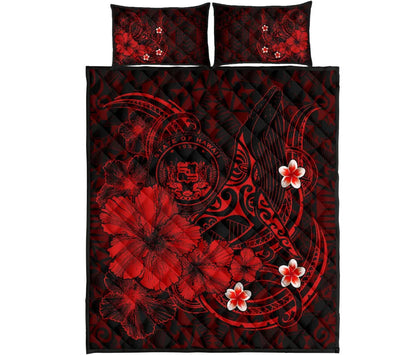Polynesian Hawaii Quilt Bed Set - Humpback Whale with Hibiscus (Red)